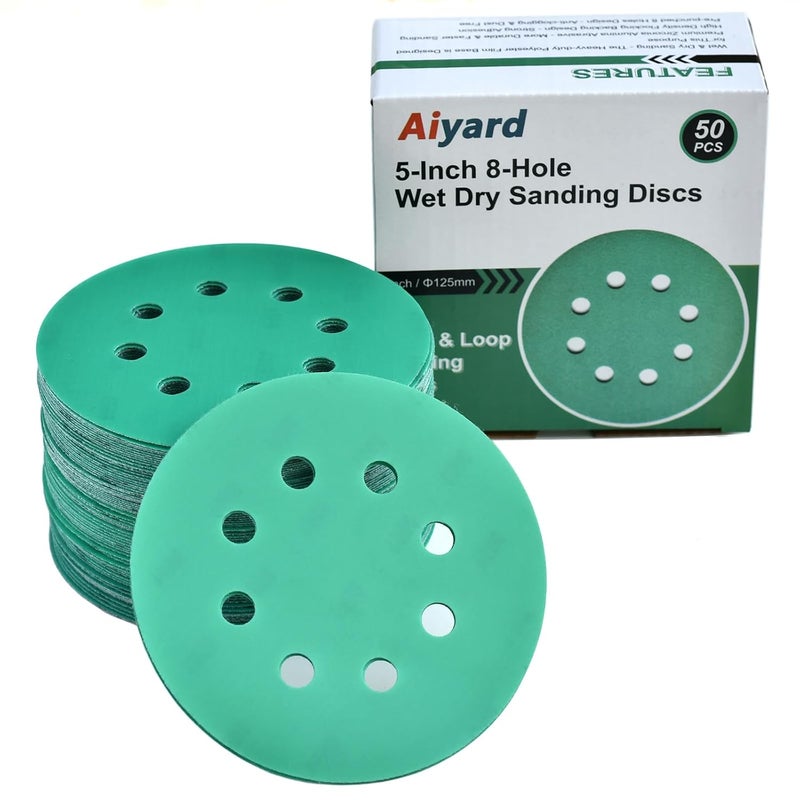 Aiyard 5-Inch 8-Hole Wet Dry Sanding Discs 1500 Grit, Polyester Film Backed Heavy-Duty Hook and Loop Sandpaper for Random Orbital Sander, 50-Pack - Image 1